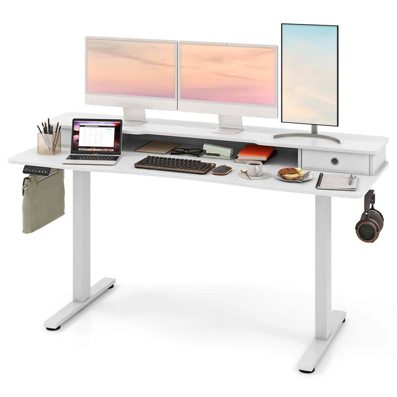 Costway 63" x 24" Electric Standing Desk with 2 Drawers Monitor Stand - See Details - White