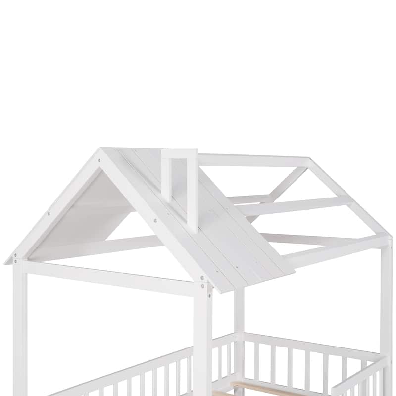 Pine House Platform Bed with Roof and Fence