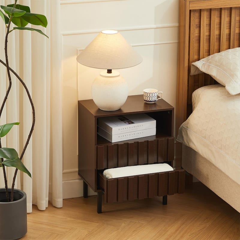 Mid Century Woodgrain Nightstand Pair 2 Drawers Bedside Table