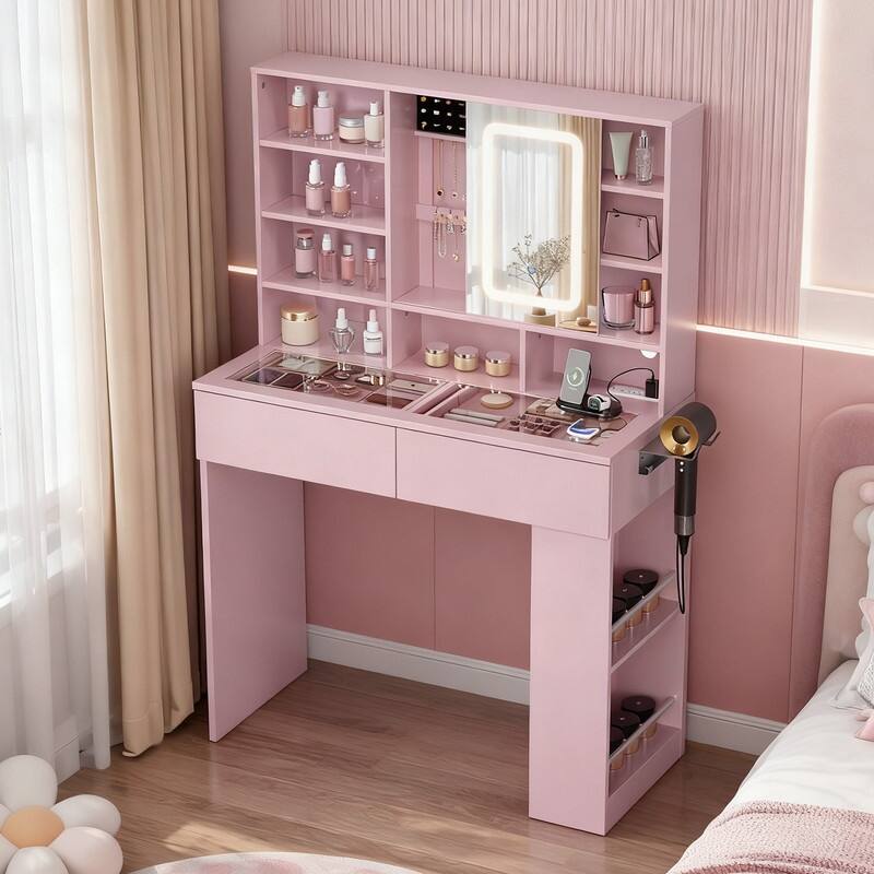 Particle Board Veneered, 2-drawer 3-compartment Left-right 3-tier Shelf, Glass Tabletop, Side Panel Storage Style Dressing Table