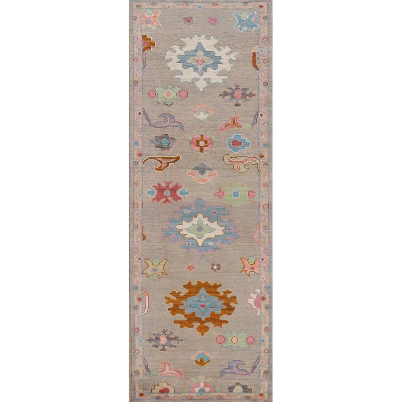 Hand Knotted Oriental 100% Wool Carpet Transitional Floral Greys & Charcoal Oushak Runner Rug - 9' 11'' X 2' 9''