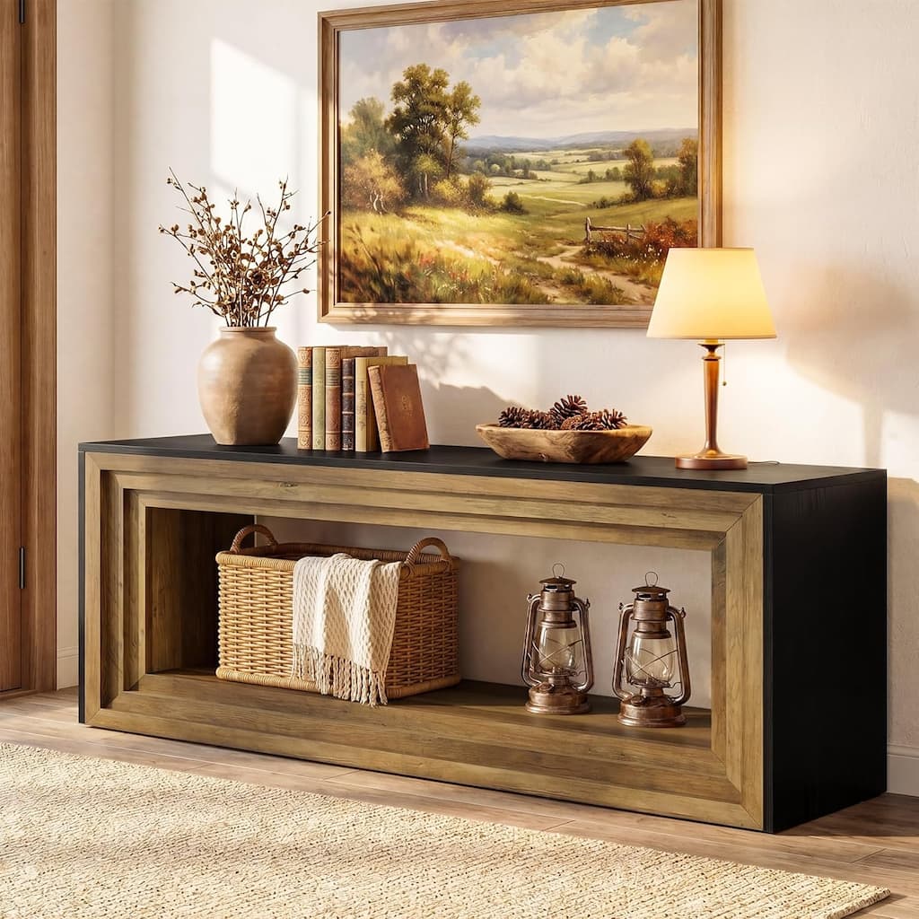 63-Inch Entertainment Center with Storage Shelf, TV Stands for Living Room, Bedroom, Brown & Black