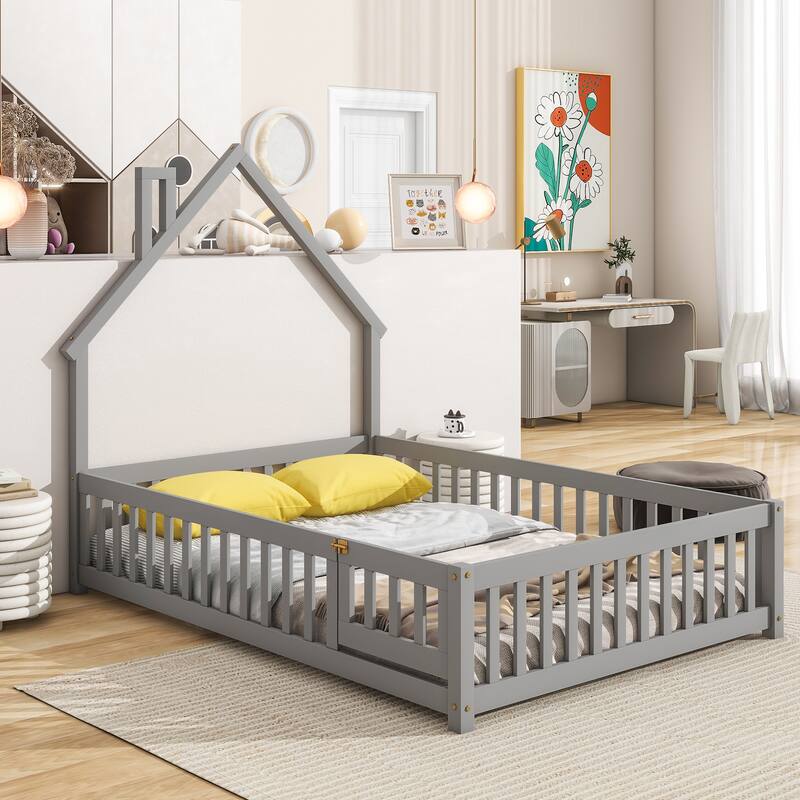 House-Shaped Full Floor Bed Frame with Fence Guardrails, Grey Wood - Grey - Full