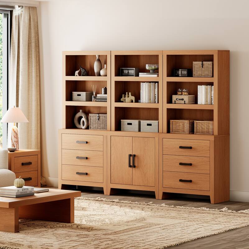 WAMPAT 74" 3-Piece Bookcase, Farmhouse Storage with Doors & Drawers