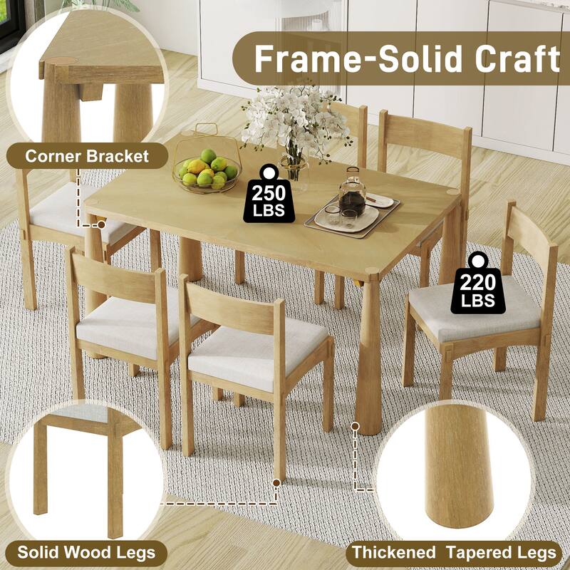7-Piece Retro Farmhouse Dining Table Set, 59.8" Wood Table with 6 Upholstered Chairs for Dining Room or Kitchen