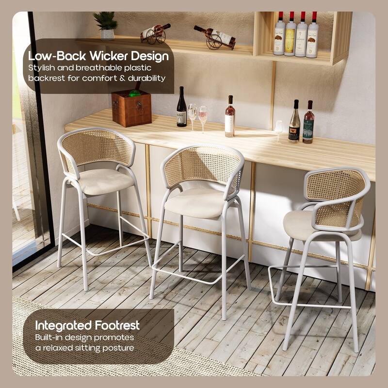 LeisureMod Ervilla Set of 2 Modern Wicker Leather Bar Stool with Curved Back & White Steel Frame for Home Office Dining Room