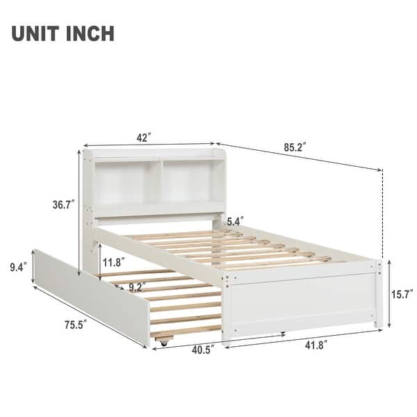 dimension image slide 0 of 3, Twin Wood Platform Bed with Trundle, Versatile Platform Bed with Storage Headboard, Solid Wood Bedframe for Living Room Bedroom