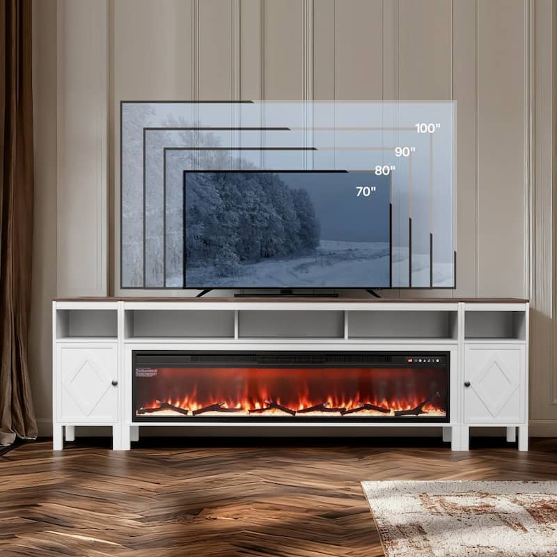 60-Inch Electric Fireplace TV Stand in White for Large TVs Adjustable Heat and Flame Settings - 60.79” x 6.3” x 13.98”