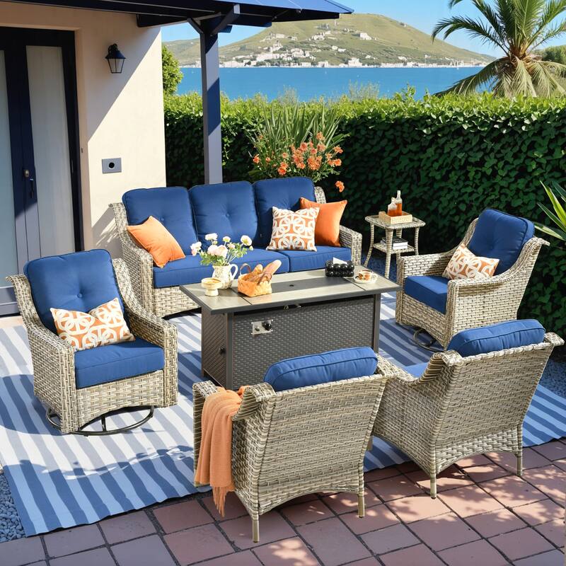 HOOOWOOO 7-piece Wicker Rattan Outdoor High Back Conversation Set with 54" Fire Pit - Navy Blue