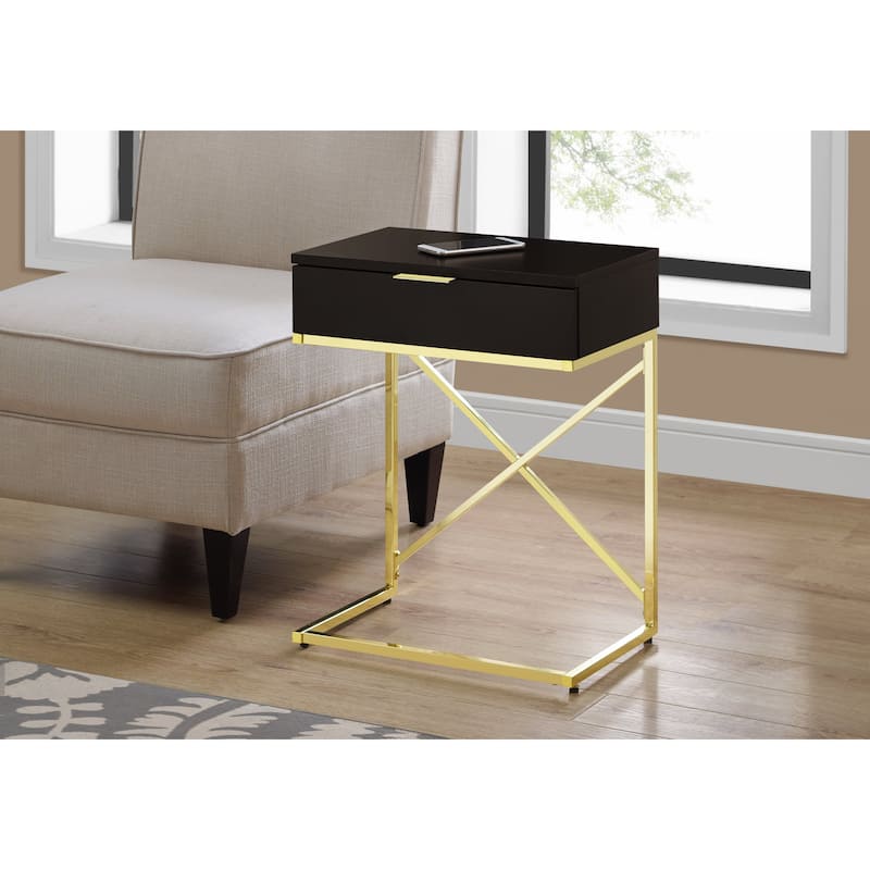 Modern 24-Inch End Table with Drawer with Wood Surface and Metal Base Side Table for Sofa or Bedside