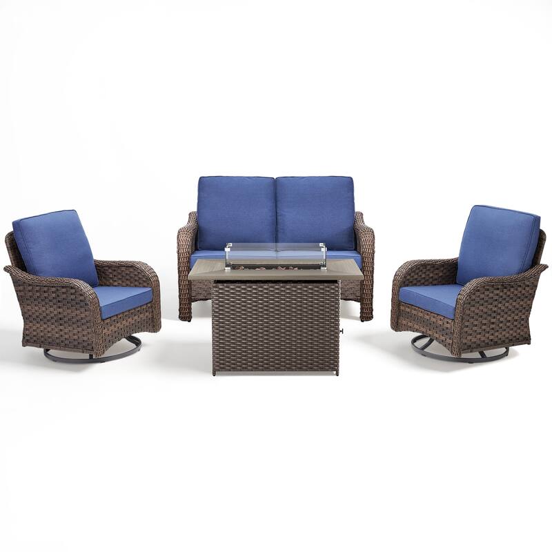 Pocassy Patio Funiture Sofa Swivel Chairs Ottoman with Fire Table Set