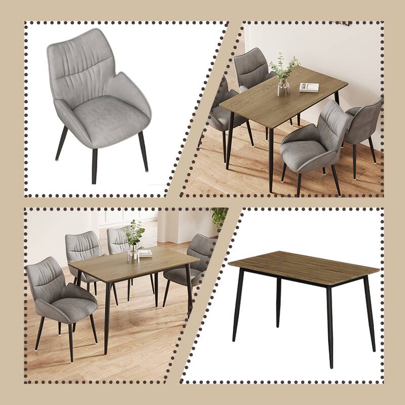 Modern Wood Grain Dining Set with Black Metal Legs, Seats 4-6, 5-Pcs
