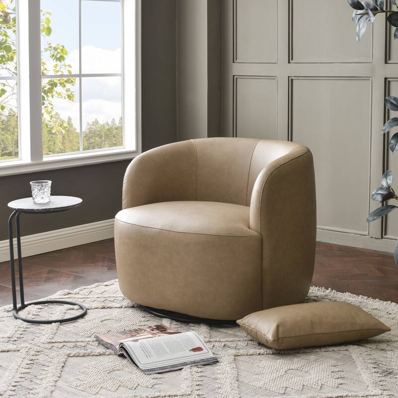 KINWELL 34" Wide Swivel Faux Leather Barrel Armchair Upholstered PU Leather Accent Chairs for Living Room Office Lounge