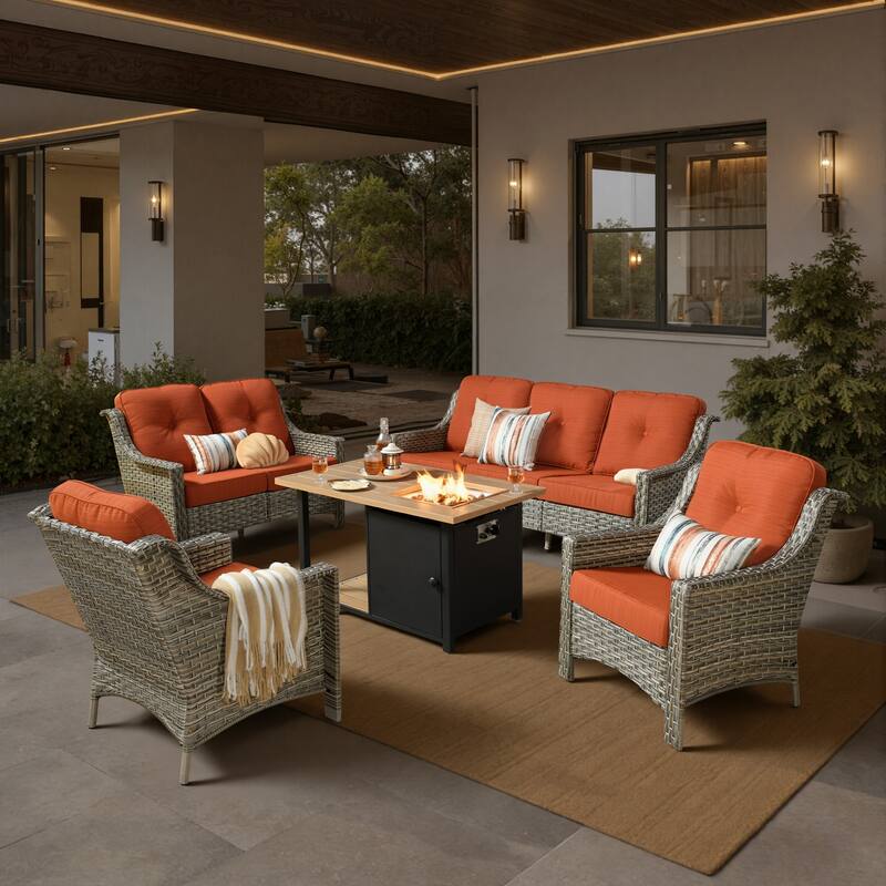 XIZZI 5-Piece Patio Wicker Furniture Conversation Set with Firepit - Red/Orange