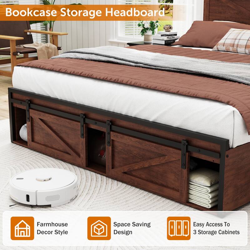Brown Platform Bed Frame with Charging Station and LED Lights, Open Bookcase Headboard, Sliding Barn Door Storage at the Foot