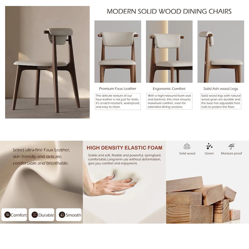 Modern Faux Leather Dining chair, Beige, Solid Wood legs, Set of 2, Fully Assembled