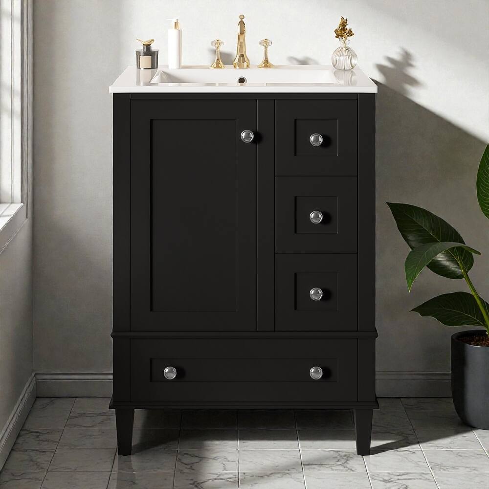 24" Bathroom Vanity with Integrated Ceramic Sink, Soft-Close Drawers and Door, Cabinet with Door Storage Rack