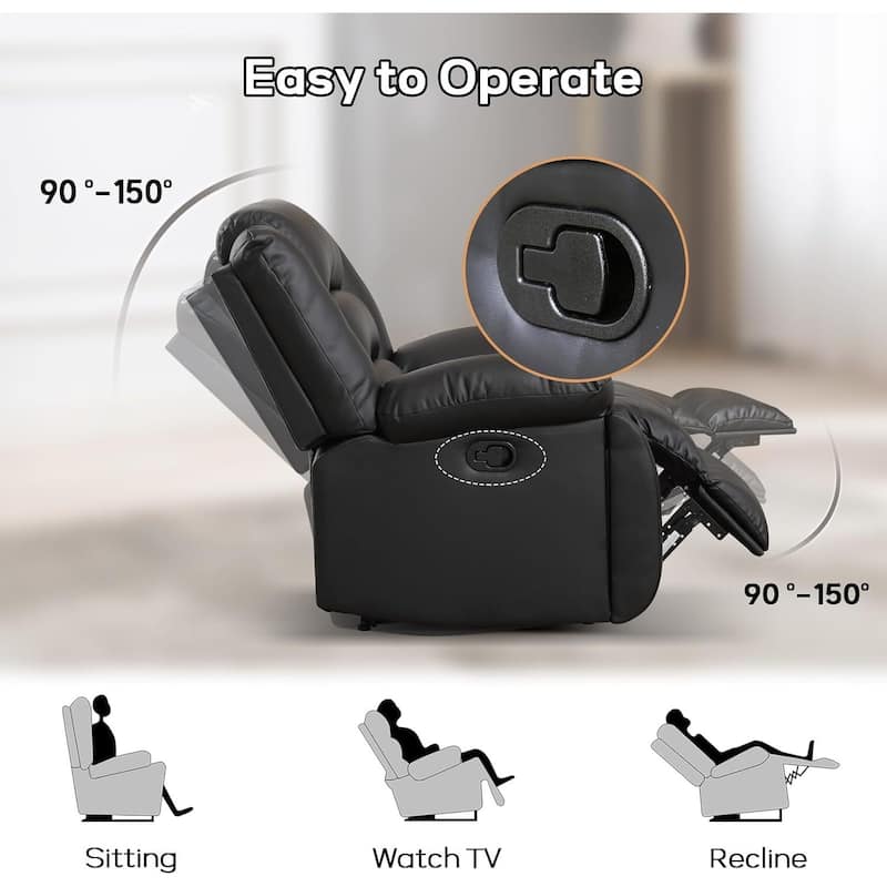 Faux Leather Manual Reclining Sofa with 2 Concealed Cup Holders, Overstuffed Armrest 3 Seat Recliner Couch for Living Room