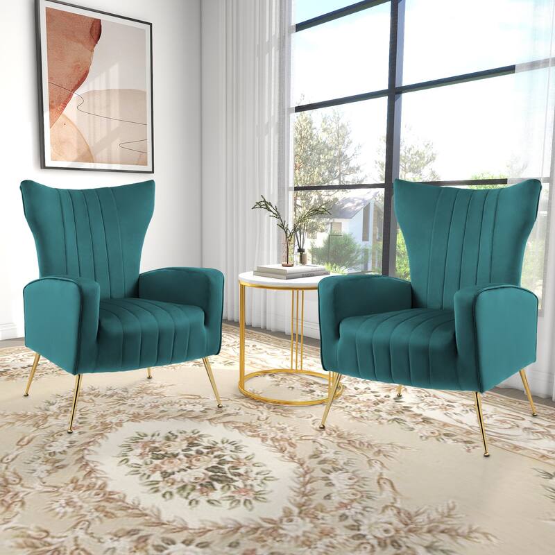 Mid-Century Velvet Wingback Accent Chair with Metal Legs - 2 Set Peacock Blue
