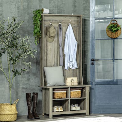 HOMCOM Hall Tree with Shoe Storage Bench, Entryway Bench with Coat Rack, Accent Coat Tree with Adjustable Shelves