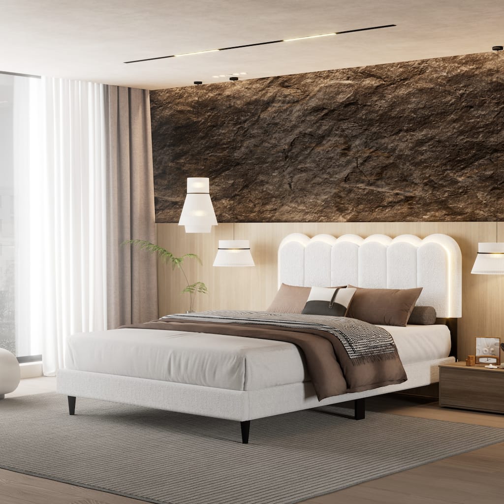 Romantic Petal Headboard Bed Frame with Ambient Lighting, Stable and Silent Design, Cream Style for Cozy Bedroom