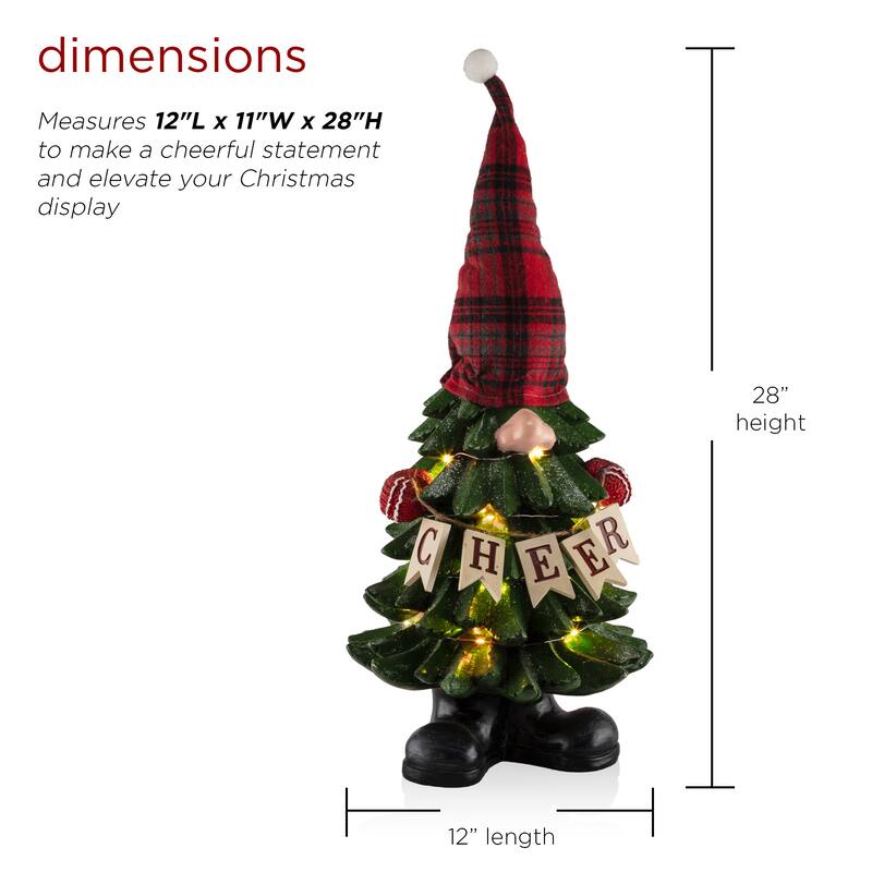 Alpine Corporation 28"H Polyresin Christmas Tree Gnome Decoration with Color Changing LED Lights