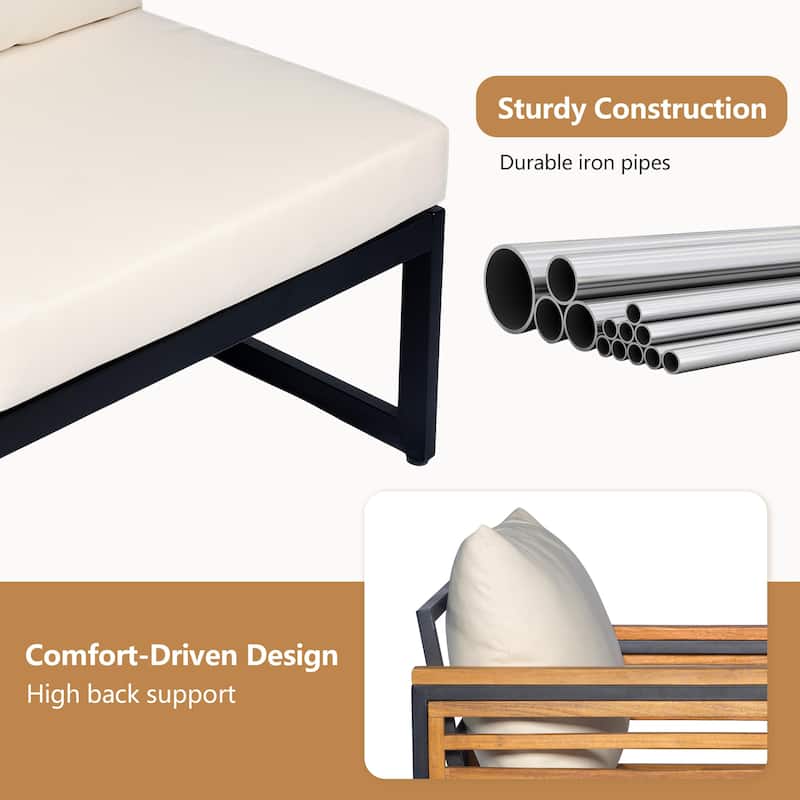 3-Piece Outdoor Patio Sofa Set with Acacia Wood Armrests, Industrial Iron Frame, Cushions, Ottoman, and Coffee Table