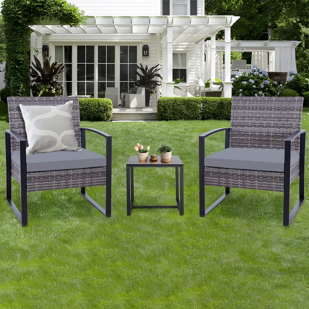 3-PC Outdoor Wicker Conversation Set w/ 2 Cushions, Glass Coffee Table