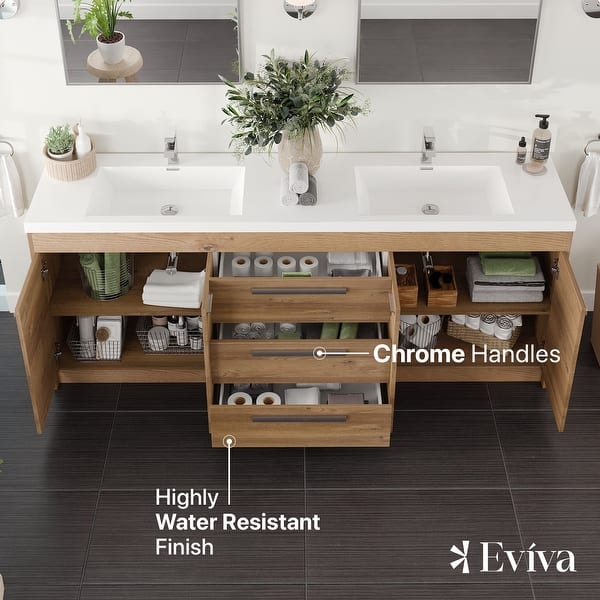 Eviva Lugano 72 in. W x 20 in. D Natural Oak Double Sink Bathroom Vanity with White Acrylic Integrated Top Sink