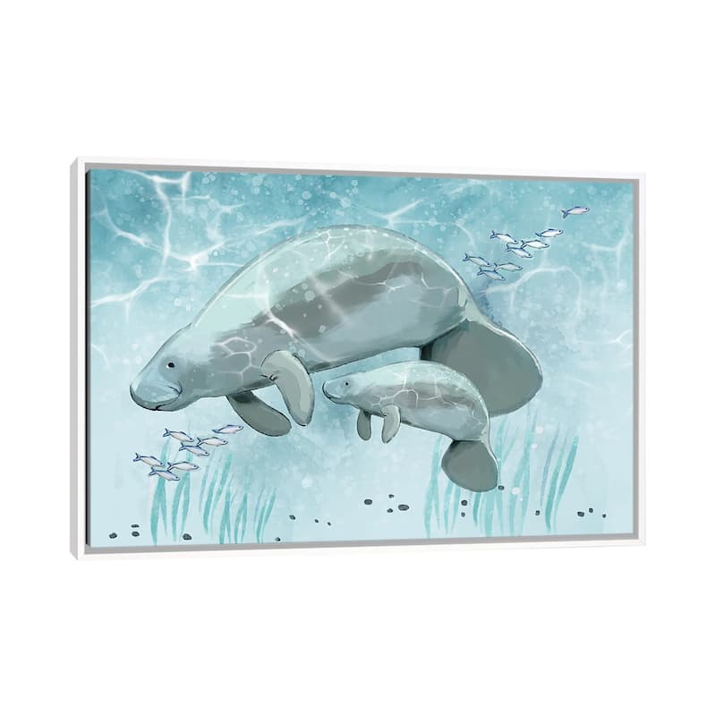 iCanvas "Mama and Baby Manatee" by Thomas Little Framed Canvas Print - White - 18x26