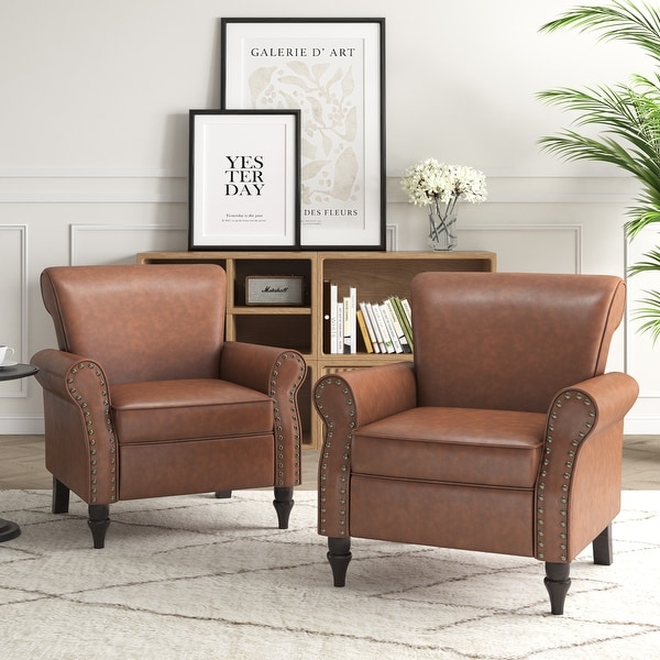 Rolled Armrests PU Accent Chair with Nailhead Trim (Set of 2) - On