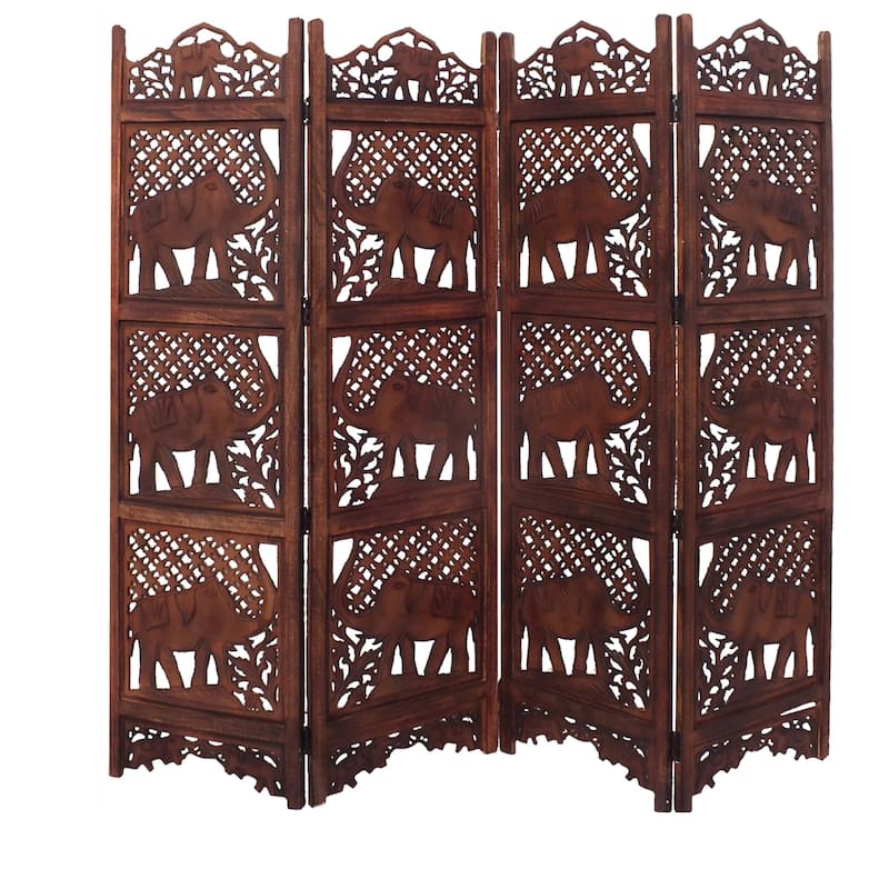 Zofi Hand Carved Elephant Design Foldable 4 Panel Wooden Room Divider, Brown - 8' x 10'