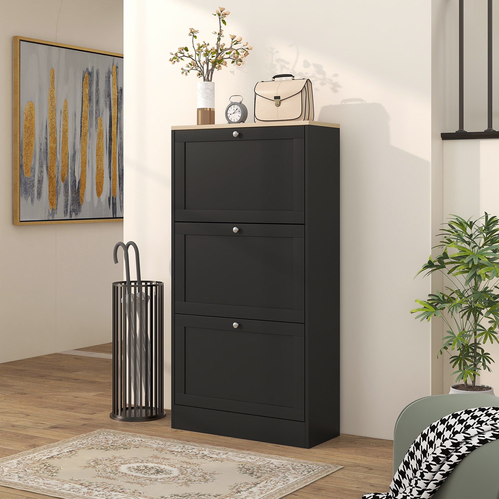 HOMCOM Narrow Shoe Cabinet With 3 Flip Drawers – Holds 15 Pairs – Walnut