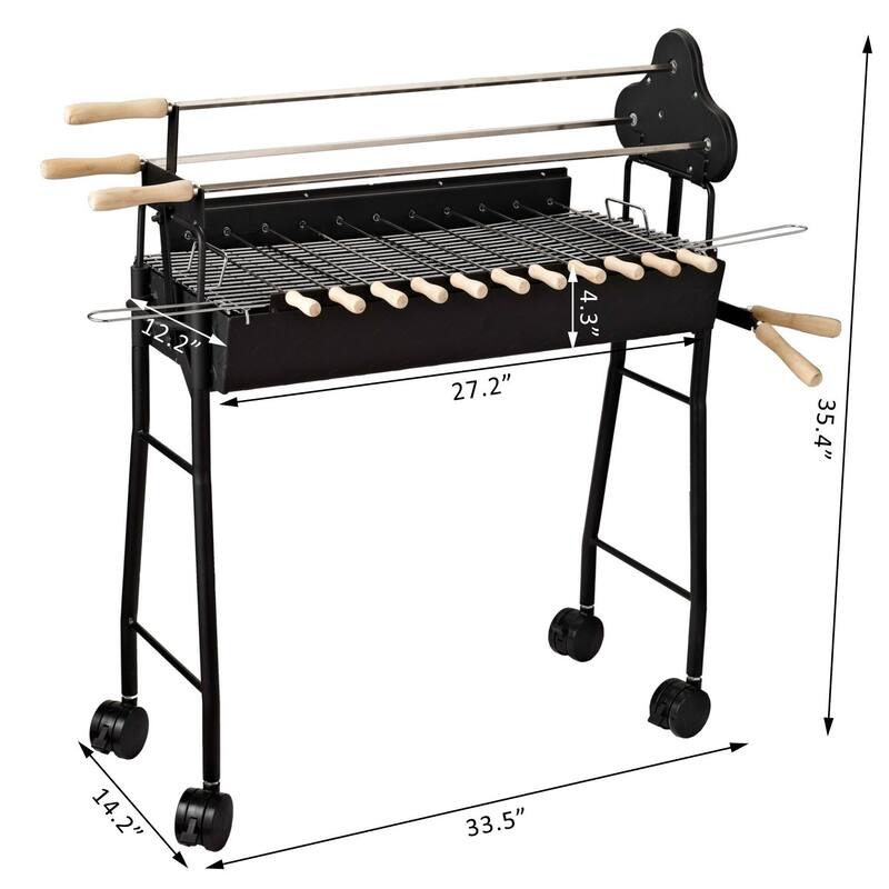 Outsunny Portable Rotisserie Charcoal BBQ Grill w/ Skewers and Wheels - 14.2" L x 33.5" W x 35.4" H