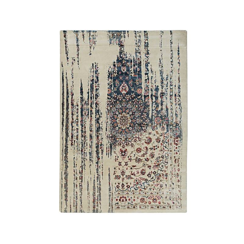 Ivory/Dark Teal Hand Crafted Wool & Viscose Rug, 8' x 10', Soft Elegant Floor - L