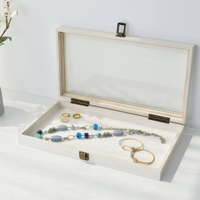Wood Glass Top Jewelry Display Case Accessories Storage Box - S