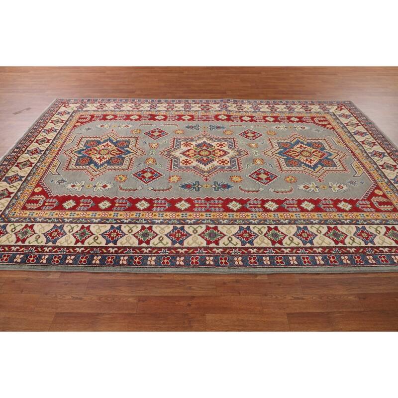 Geometric Grey Kazak Area Rug Handmade Bedroom Wool Carpet - 6'10" x 10'3"
