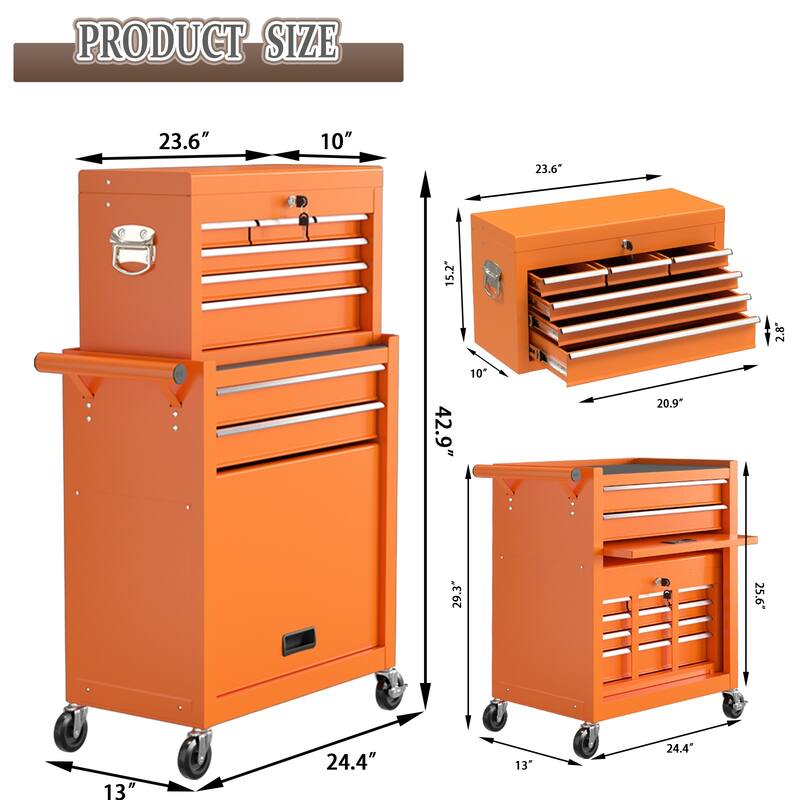 8-Drawer Rolling Tool Chest & Removable Tool Box Organizer with Lock