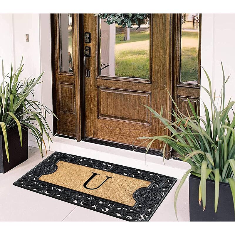 A1HC Floral Border Rubber and Coir Large Outdoor Durable Monogrammed Doormat, Black - 23" X 38"