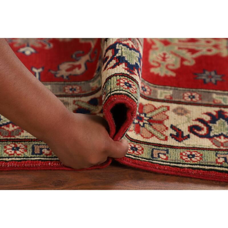 Geometric Red Kazak Oriental Rug Hand-Knotted Living Room Wool Carpet - 5'0" x 6'8"
