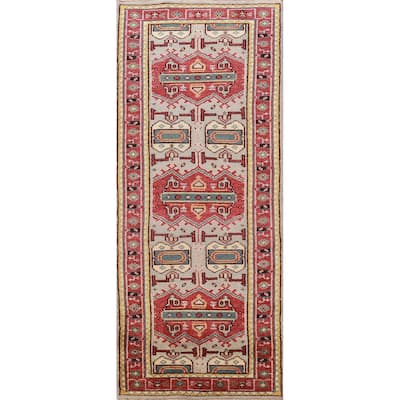Hand Knotted Oriental 100% Wool Carpet Traditional Geometric Greys & Charcoal Heriz (serapi) Runner Rug - 7' 10'' X 2' 7''