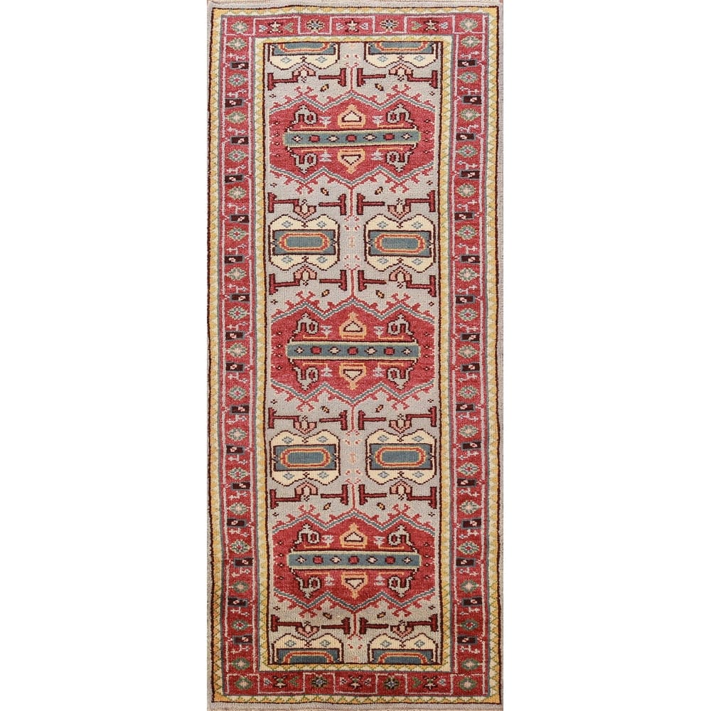 Hand Knotted Oriental 100% Wool Carpet Traditional Geometric Greys & Charcoal Heriz (serapi) Runner Rug - 7' 10'' X 2' 7''