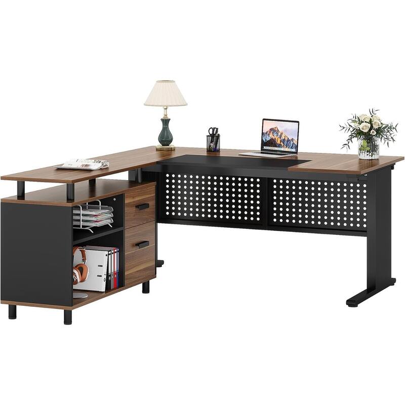 63" L-Shaped Executive Desk with File Cabinet in Rustic Brown and Black