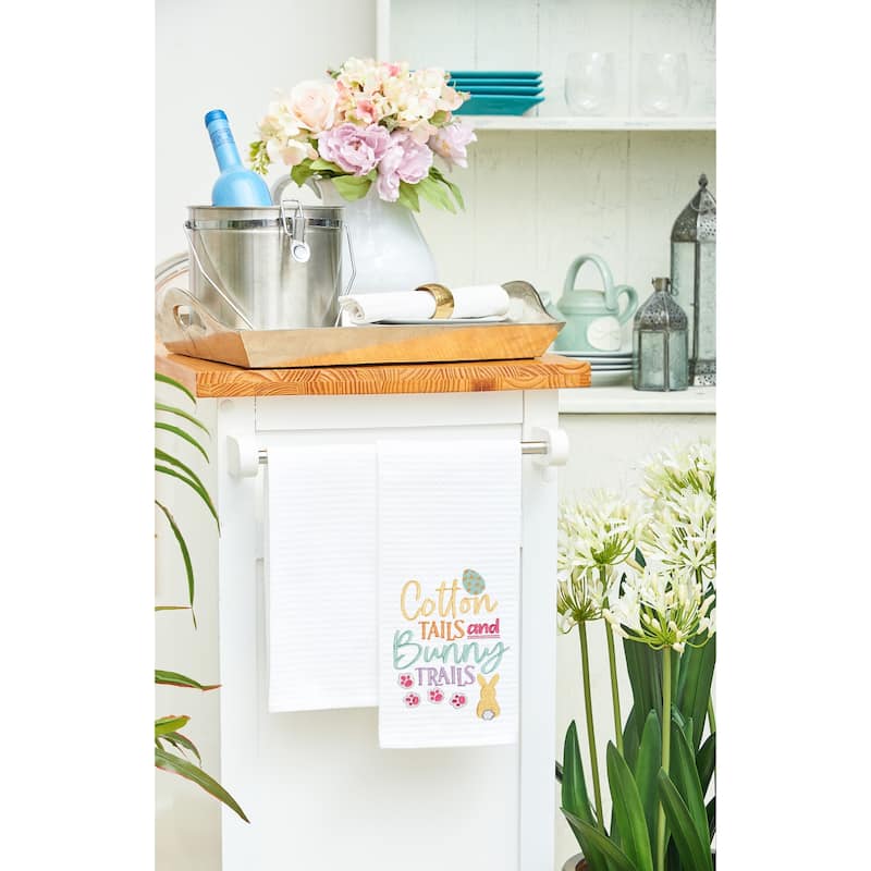 "Cotton Tails & Bunny Trails" Easter Rabbit Embroidered Cotton Waffle Weave Kitchen Dishtowel