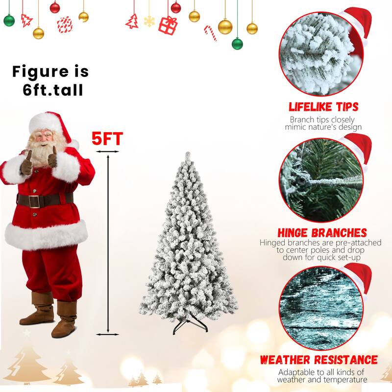 Pre-Lit Snow Flocked Christmas Tree - UL Warm White Lights, Auto-Unfold Memory Wire, Metal Stand - Green,White
