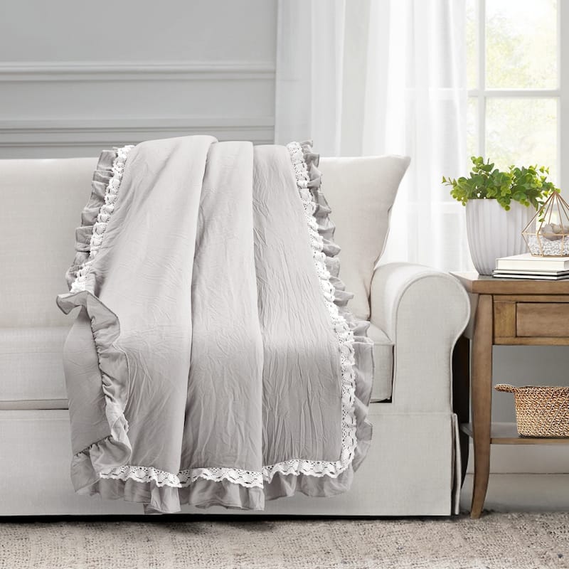 Lush Decor Ella Shabby Chic Ruffle Lace Throw Blanket - Light Gray