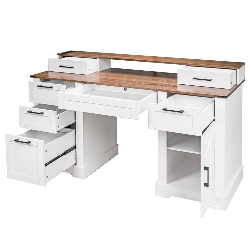 59" Farmhouse Office Desk with Charging Station, Barn Door, File Drawer & Monitor Stand