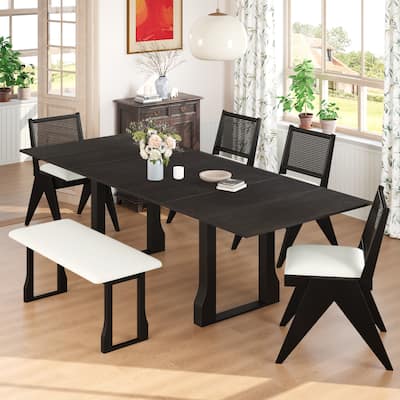 Modern 6-Piece Extendable Dining Table Set with 4 Wicker Upholstered Dining Chairs and Long Bench for Kitchen Living Room