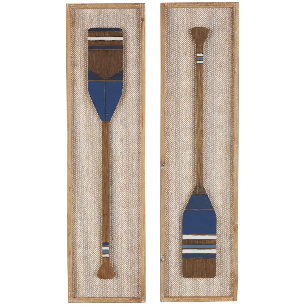Wood Paddle Home Wall Decor with Blue Accents and Chevron Patterned Background - Set of 2 Brown - Roche River Decor