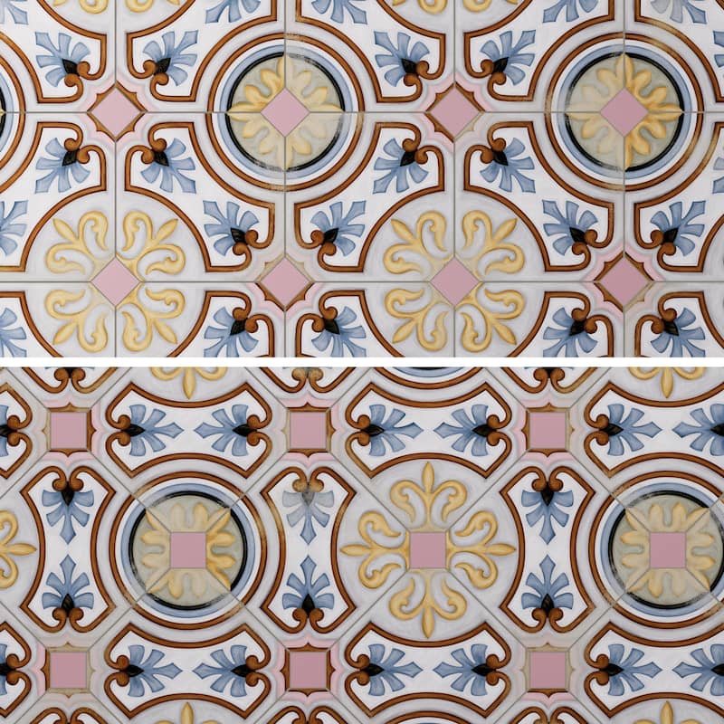 Merola Tile Vaudeville Octagon Deco Diglas with Taco Pink 7-7/8" x 7-7/8" Porcelain Floor and Wall Tile